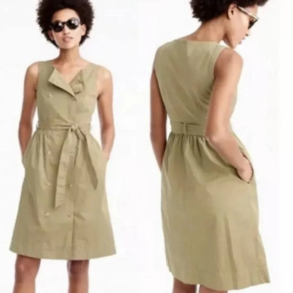 J. Crew Garment Dyed Trench Midi Dress Khaki Sleeveless Button Front Sz 10 - Picture 1 of 9